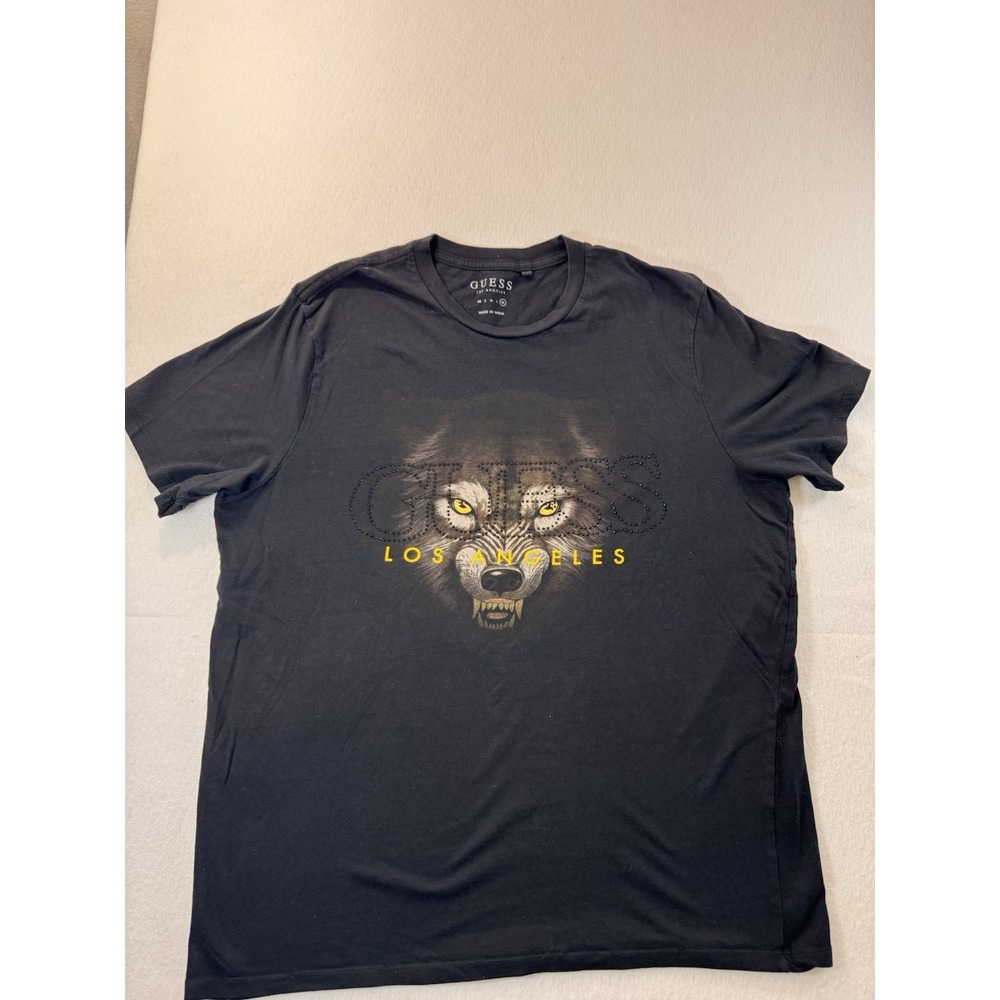 Guess Los Angeles Mens T Shirt XL Black Wolf Rhinestone Graphic Casual EUC